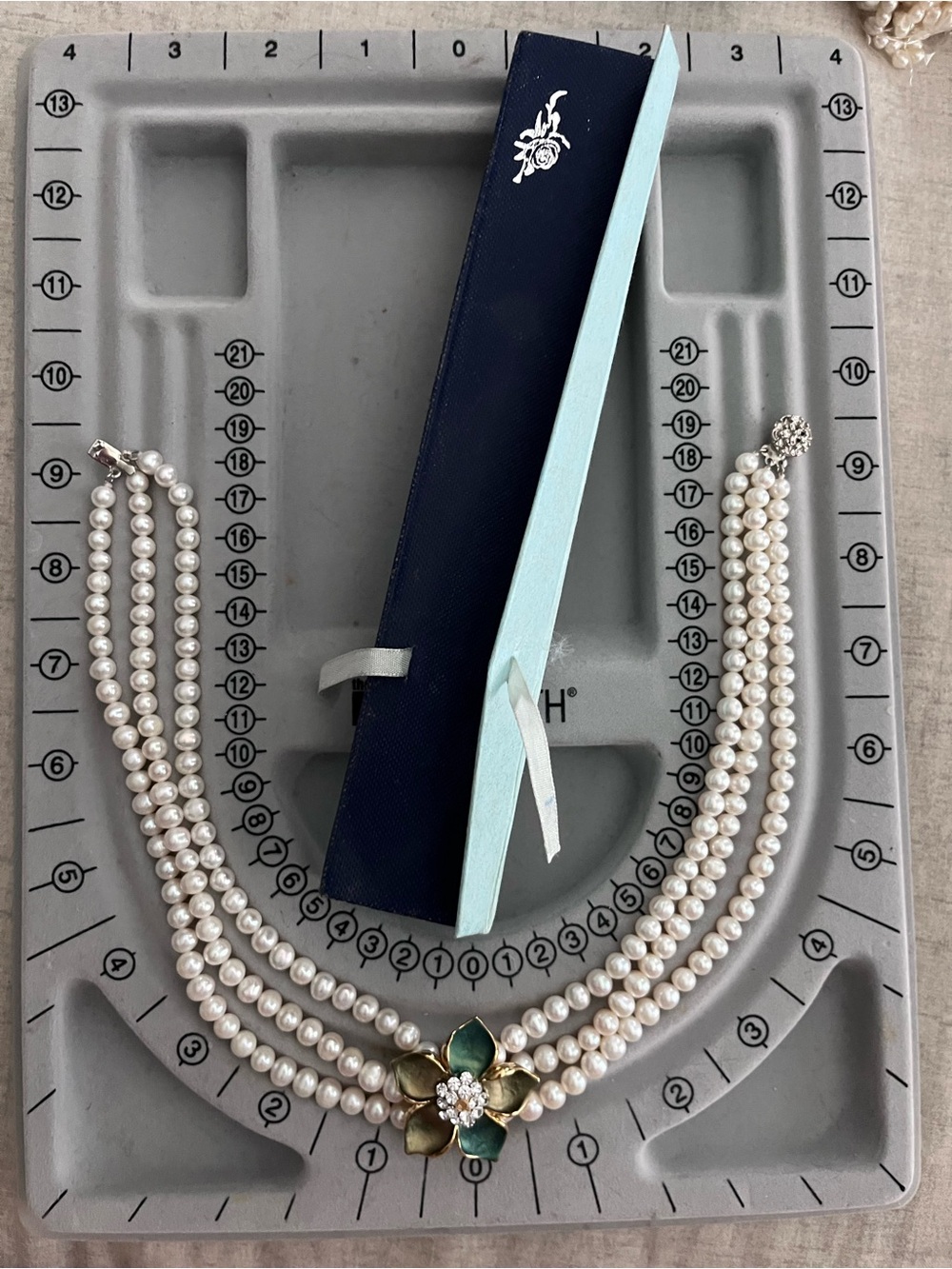 Vintage Three-Strand Faux Pearl Necklace with Floral Accent.